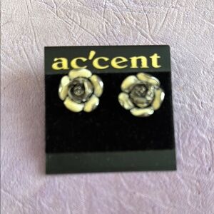 Cream and Black Rose Stud Earrings
